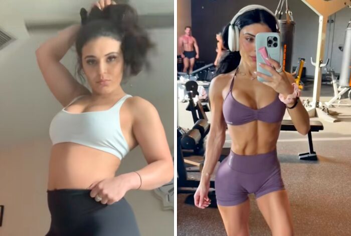 Before and after photos of a woman showing fitness transformation returning to social media with a bang after a hiatus.