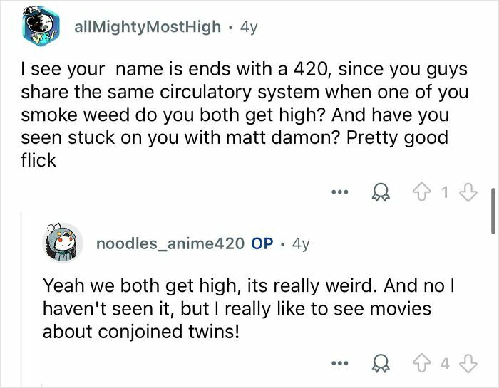 Reddit conversation about conjoined twins sharing a circulatory system and their experience with getting high.