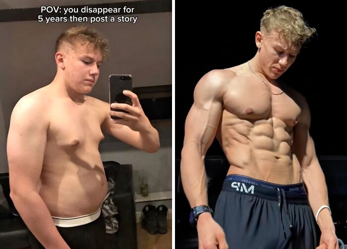 Young man’s dramatic fitness transformation after a social media hiatus, showcasing major change in muscle definition and physique.