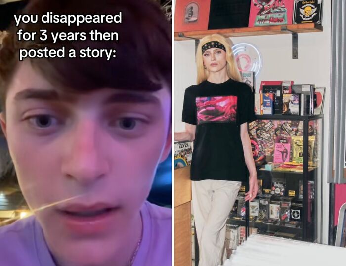 Split image showing a young man returning to social media after a hiatus and a woman posing confidently in a retro store.