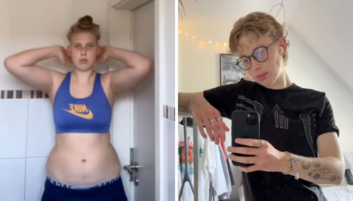 Before and after transformation photos of a person returning to social media with a bang after a hiatus.