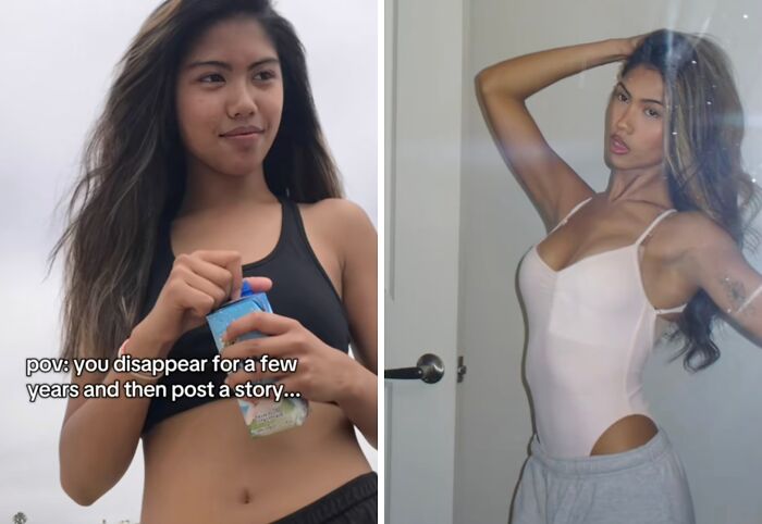 Young woman showing confident return to social media after a hiatus, wearing casual and stylish outfits in two photos.