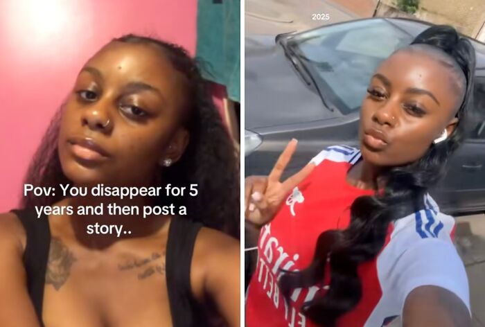 Young woman making a peace sign selfie showing a dramatic social media return after a long hiatus in casual attire outdoors.