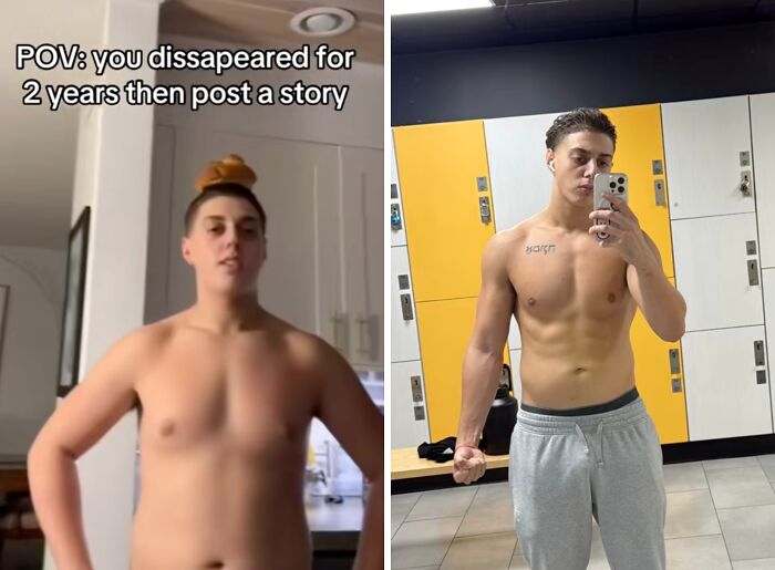 Before and after photos of a person returning to social media with a bang after a hiatus, showing physical transformation.