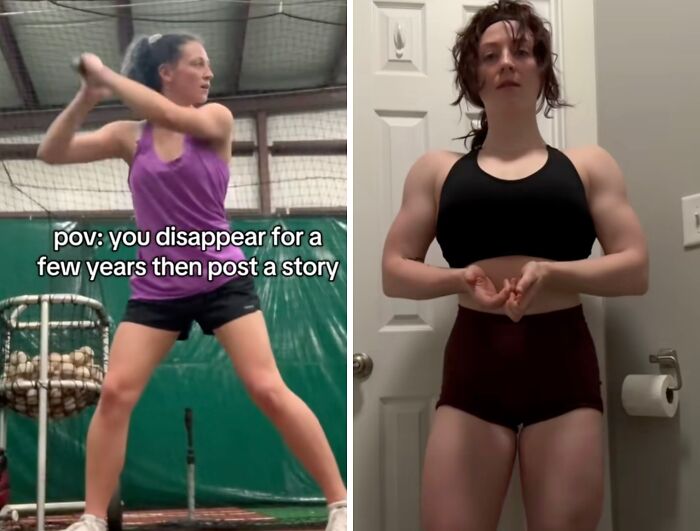 Woman returning to social media after hiatus, showing strength and confidence with exercise and flexing poses.