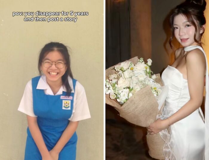 Young woman smiling in school uniform then in elegant dress holding flowers, illustrating social media return after hiatus with a bang.