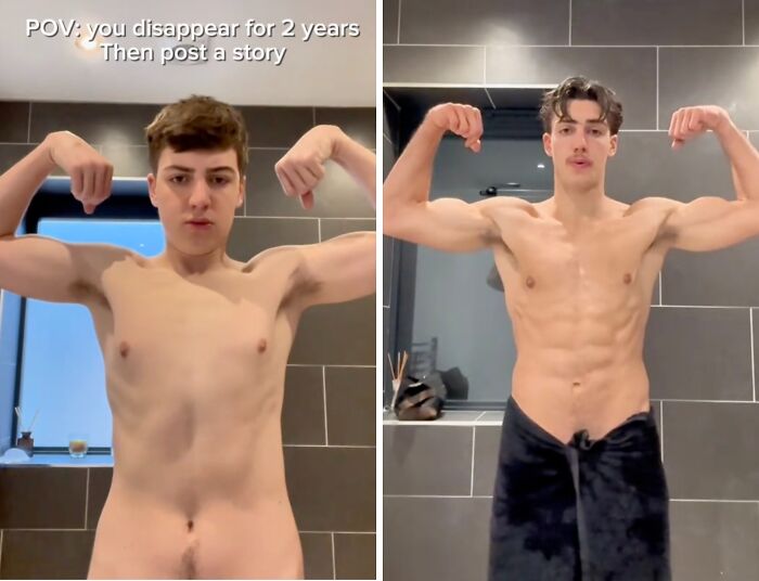 Young man flexing muscles in before and after photos showing a dramatic transformation returning to social media after hiatus
