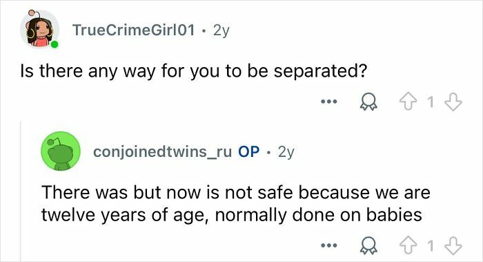 Reddit exchange where conjoined twins answer a question about separation surgery and its safety at age twelve.