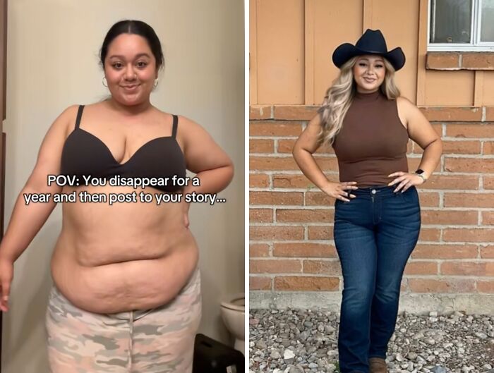 Before and after photo showing a woman's transformation highlighting moments people returned to social media after a hiatus.