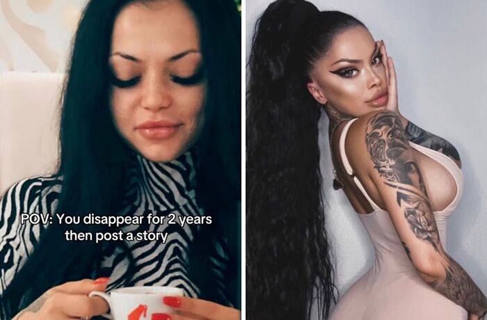 Woman returning to social media after a hiatus, showing a before and after transformation with bold makeup and tattoos.