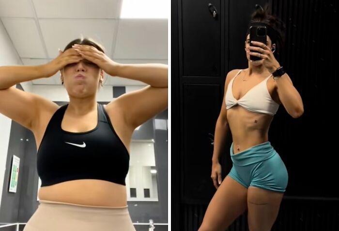 Before and after transformation photo of a woman sharing her fitness journey after a social media hiatus.