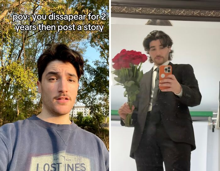 Man returning to social media after hiatus, holding roses and dressed in a suit, capturing a mirror selfie indoors.