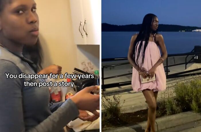 Side-by-side images showing a woman returning to social media with confidence after a long hiatus by a waterfront at dusk.