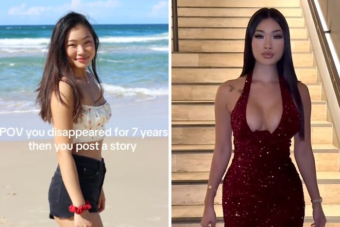 Young woman posing on the beach and then in a glamorous dress, illustrating social media return after a long hiatus.