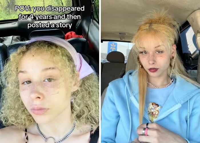 Young woman with curly hair and headband on left, and same woman with straight blonde hair in blue hoodie on right, returning to social media.