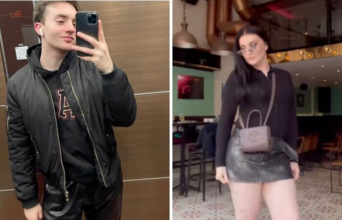 Person taking mirror selfie in casual outfit and woman posing in stylish black outfit in cafe, social media comeback moment.