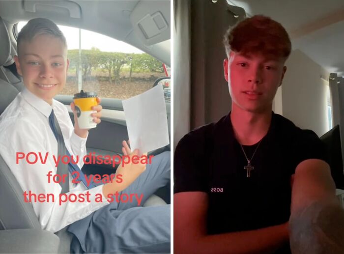 Teen boy returns to social media with a bang after a hiatus, shown in casual and formal settings with a confident smile.