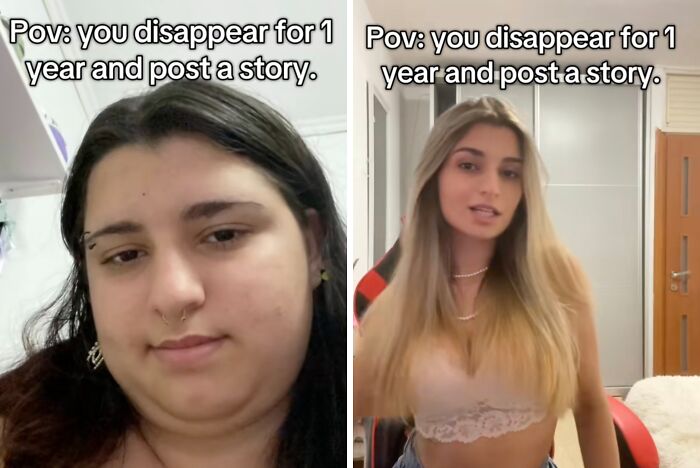 Side-by-side images showing dramatic transformations of people returning to social media after a long hiatus.