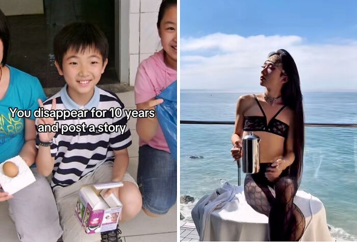 Split image showing a young boy returning to social media after years and a woman posing confidently by the sea, highlighting social media returns.