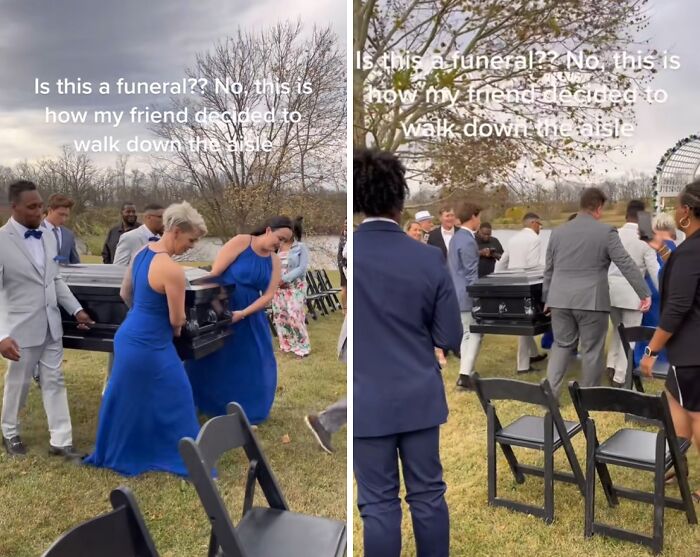 Bridesmaids and groomsmen walking down the aisle carrying a coffin, highlighting grooms sense of entitlement moments.