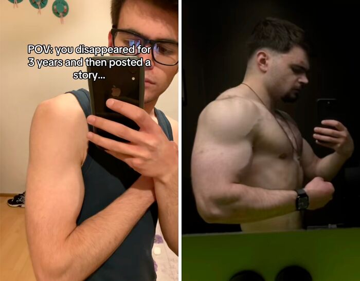 Before and after images showing a dramatic transformation of a man returning to social media after a long hiatus.