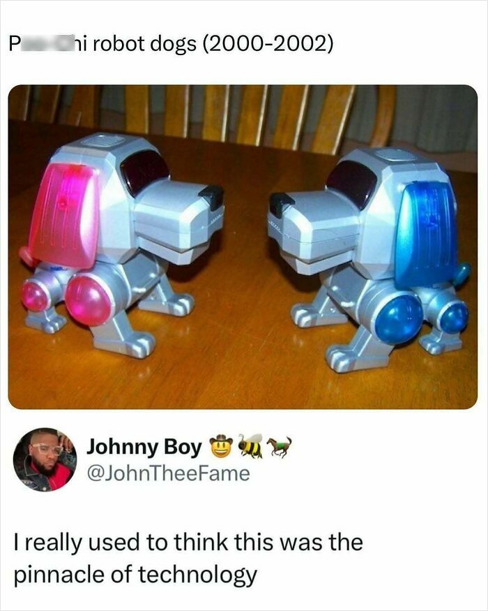 Two vintage robot dog toys with red and blue parts on a wooden table, showcasing chaotic memes humor.