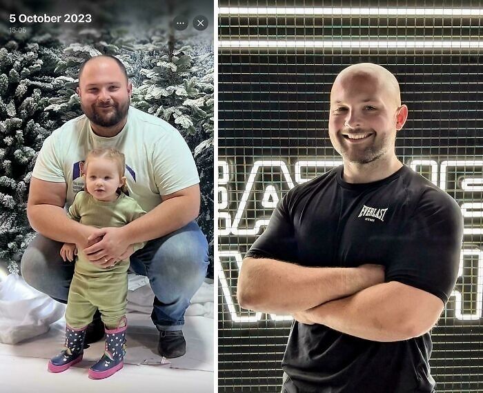 Man with toddler in winter setting and smiling dad in black shirt showcasing wholesome funny dads doing their best.