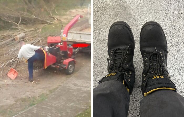 Person dangerously reaching into a wood chipper without proper safety gear next to worn work boots on floor.