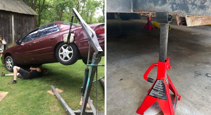 Unsafe car lifting practices with poor support and proper use of jack stands for safety fixes and prevention.