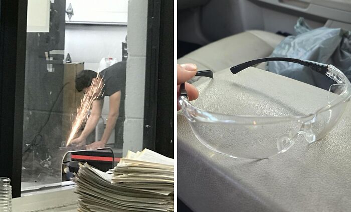 Person grinding metal with sparks flying in workshop, paired with clear safety glasses emphasizing safety fixes.