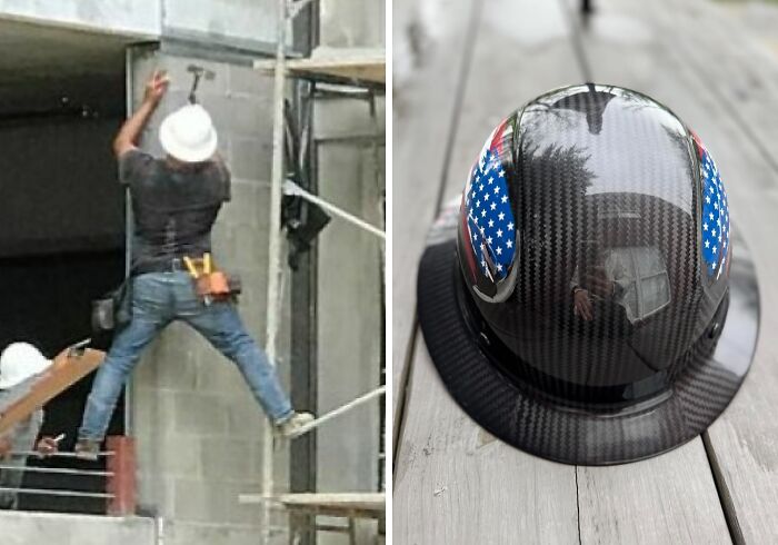 Worker in unsafe position on construction site next to close-up of safety helmet with American flag decals, highlighting safety nightmares.
