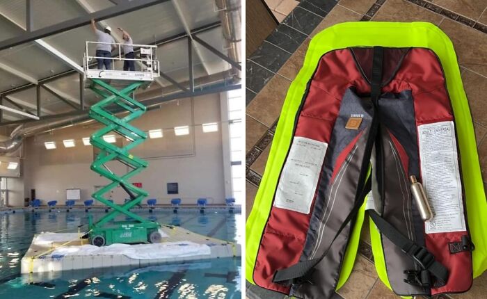 Workers on a lift above a pool and an uninflated safety life jacket, illustrating common safety nightmares and fixes.