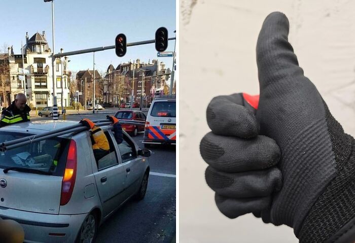 Police inspecting a traffic safety incident on a city street and a close-up of a gloved hand giving a thumbs up.