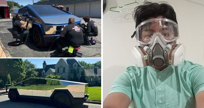 People inspecting and working on a safety nightmare vehicle with reflective surfaces and a person wearing protective respiratory gear.