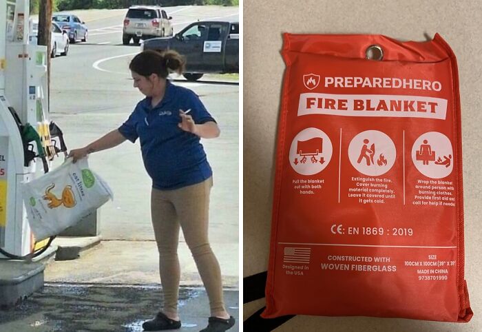 Woman pouring flammable material near gas pump paired with a fire blanket for safety fixes and prevention.
