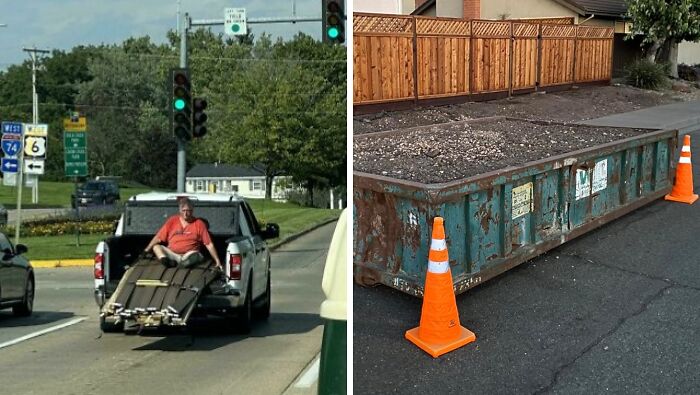 Unsafe pickup truck load with person riding unsecured, and a large construction dumpster with safety cones on a residential street.