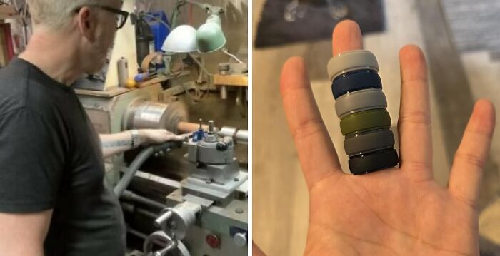 Man operating a machine in workshop paired with close-up of hand wearing multiple safety rings for safety nightmares fixes