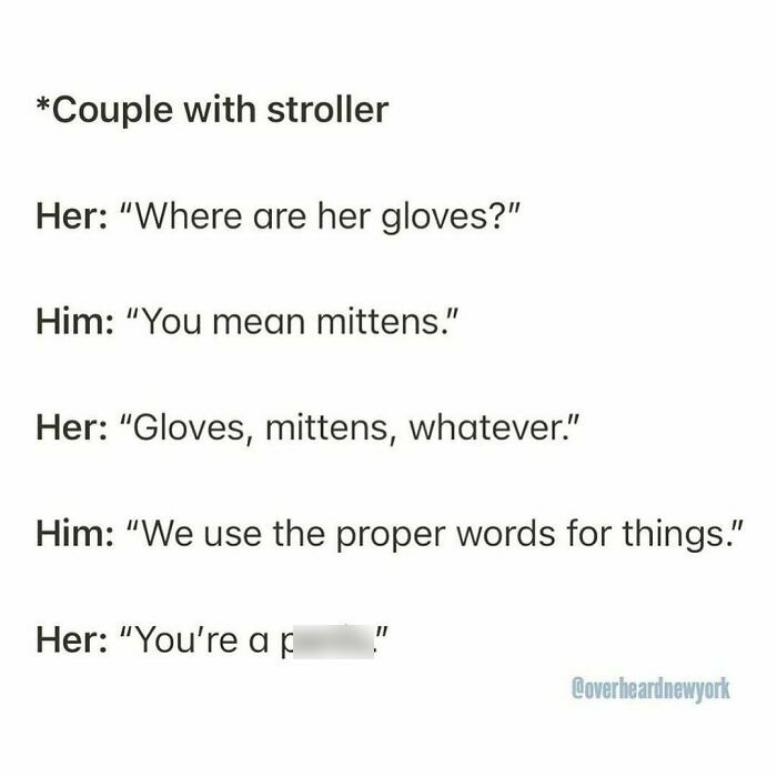 Couple with stroller having a funny conversation about gloves and mittens, a wild NYC conversation overheard.