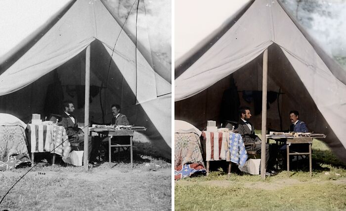 Black and white and colorized historical pictures showing two men seated under a tent during the Civil War era.