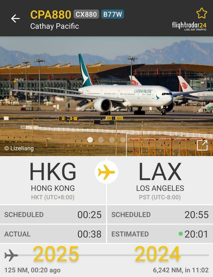 Cathay Pacific airplane on runway with flight details from Hong Kong to Los Angeles, an extraordinary travel sight.