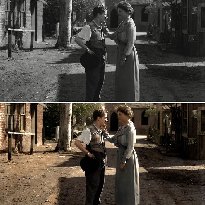 Black and white and colorized historical picture showing a man and woman in early 20th century clothing outdoors.