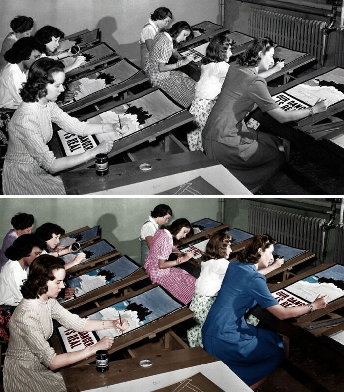 Women painting posters at drafting tables in a vintage workshop, an example from colorized historical pictures.