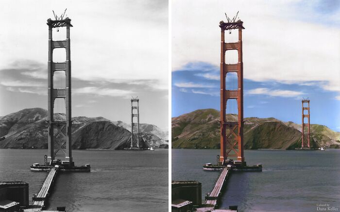 Side-by-side black and white and colorized historical pictures of the Golden Gate Bridge under construction.