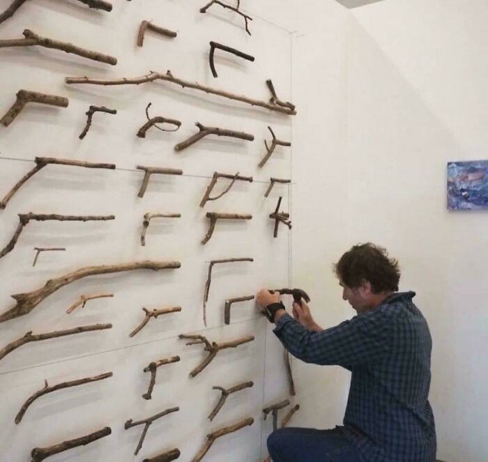 Man arranging a collection of extraordinary and fascinating stick formations on a white wall display.