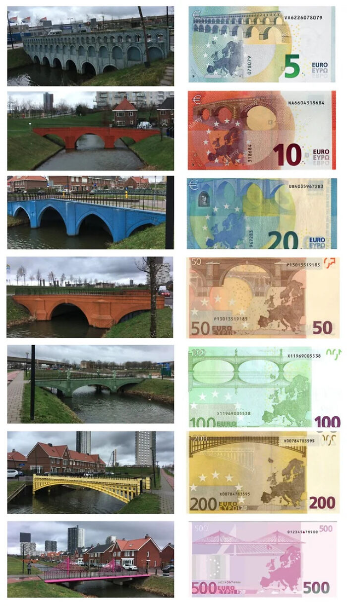 Different colored bridges perfectly matching the designs and colors of corresponding Euro banknotes, an extraordinary sight.