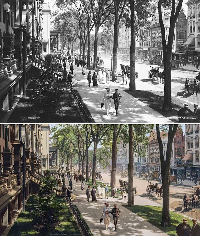 Black and white and colorized historical pictures showing city street scenes with people and horse-drawn carriages.