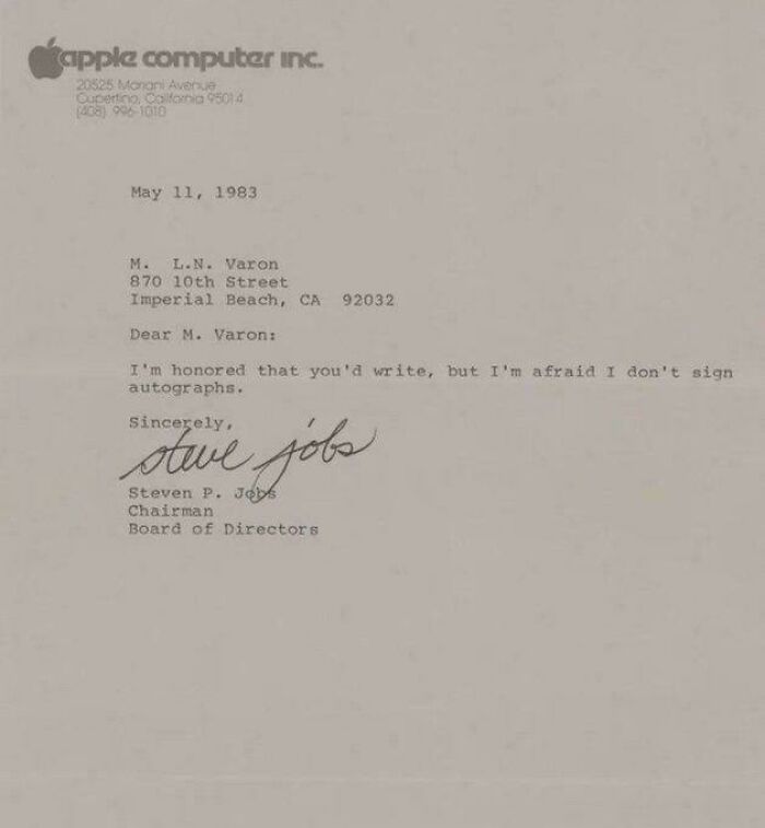 Letter from Steve Jobs in 1983 refusing to sign autographs, an extraordinary and fascinating thing people saw.