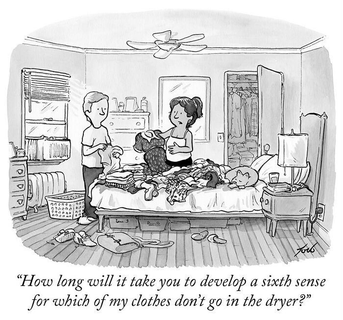 One-panel comic by Tom Toro showing a couple folding laundry with a humorous caption about clothes and the dryer.