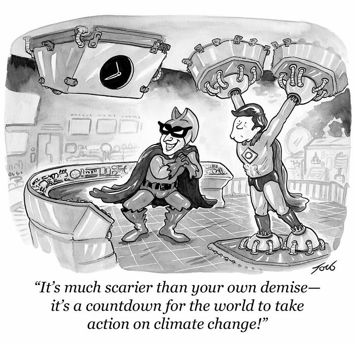 One-panel comic by New Yorker cartoonist Tom Toro showing superheroes in a control room discussing climate change action countdown.