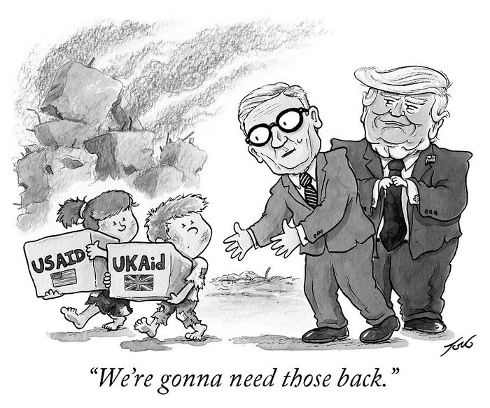 One-panel comic by Tom Toro showing two children carrying aid boxes away from a man with another man watching, depicting a clever political scene.